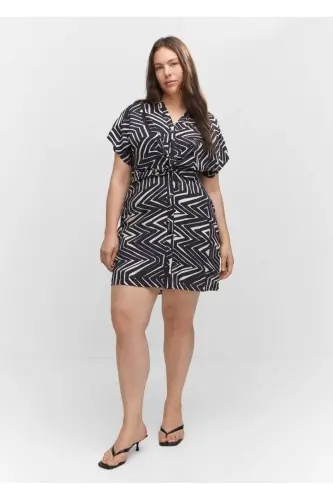 Tropical Shirt Collar Dress-Black - 7