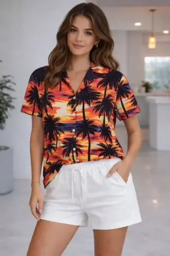 Tropikal Palmiye Desenli Gömlek Şort Takım Yazlık Rahat Kalıp - Desenli - 1