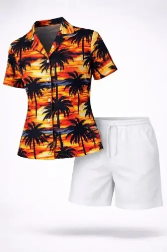 Tropikal Palmiye Desenli Gömlek Şort Takım Yazlık Rahat Kalıp - Desenli - BÜYÜKBEDENIZ (1)
