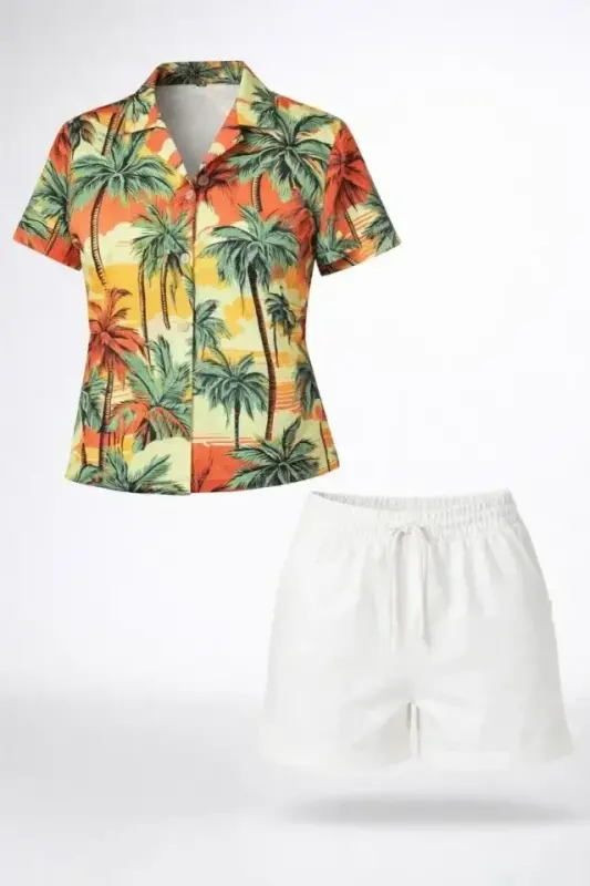 Tropikal Palmiye Desenli Kısa Kol Gömlek Şort Takım Yazlık Rahat - Desenli - 2