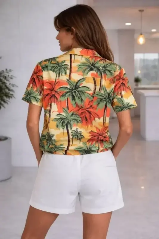 Tropikal Palmiye Desenli Kısa Kol Gömlek Şort Takım Yazlık Rahat - Desenli - 3