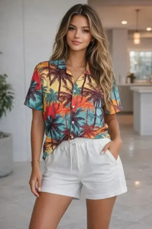 Tropikal Palmiye Desenli Kısa Kol Gömlek Şort Takım Yazlık Rahat Kalıp - Desenli - 1