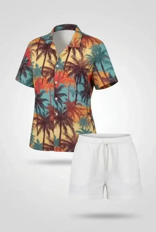 Tropikal Palmiye Desenli Kısa Kol Gömlek Şort Takım Yazlık Rahat Kalıp - Desenli - 2