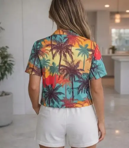 Tropikal Palmiye Desenli Kısa Kol Gömlek Şort Takım Yazlık Rahat Kalıp - Desenli - 3