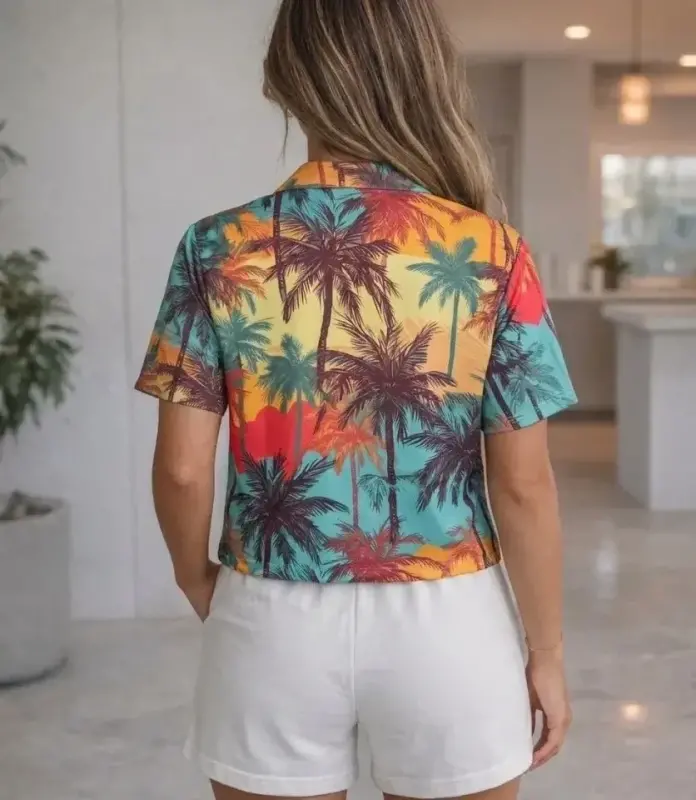 Tropikal Palmiye Desenli Kısa Kol Gömlek Şort Takım Yazlık Rahat Kalıp - Desenli - 3