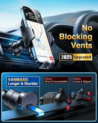 [True Military-Grade] Car Phone Holder VANMASS [2024 Strongest Suction & Clip] Cell Phone Mount for Dashboard Windshield Vent Truck Accessories Cradle Dash Stand for iPhone 15 Pro Max 14 13 12 Android - 6