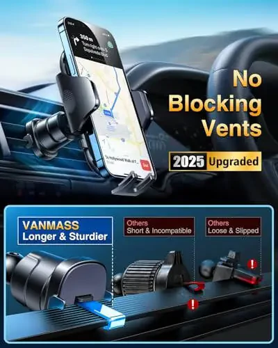[True Military-Grade] Car Phone Holder VANMASS [2024 Strongest Suction & Clip] Cell Phone Mount for Dashboard Windshield Vent Truck Accessories Cradle Dash Stand for iPhone 15 Pro Max 14 13 12 Android - 6