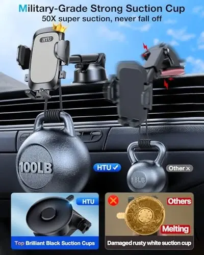 [True Military-Grade] Car Phone Holder【2024 stronger Suction & Clip】 Universal Cell Phone Holder for Car Mount for Dashboard Windshield Air Vent for iPhone 15 14 13 Pro Max Samsung, Grey 
