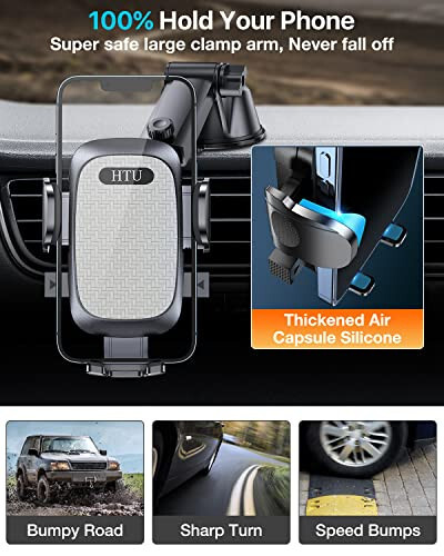 [True Military-Grade] Car Phone Holder【2024 stronger Suction & Clip】 Universal Cell Phone Holder for Car Mount for Dashboard Windshield Air Vent for iPhone 15 14 13 Pro Max Samsung,Grey - 3