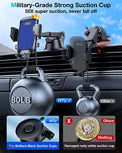 [True Military-Grade] Car Phone Holder【2024 Stronger Suction & Clip】 Universal Cell Phone Holder for Car Mount for Dashboard Windshield Air Vent for iPhone 15 14 13 Pro Max Samsung, Sapphire Blue - 2