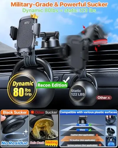 [True Military-Grade] Car Phone Holder【2024 Stronger Suction & Clip】 Universal Cell Phone Holder for Car Mount for Dashboard Windshield Air Vent Long Arm Cell Phone Car Mount Thick Case, Black - HTU (1)