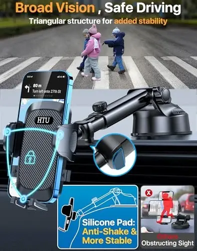 [True Military-Grade] Car Phone Holder【2024 Stronger Suction & Clip】 Universal Cell Phone Holder for Car Mount for Dashboard Windshield Air Vent Long Arm Cell Phone Car Mount Thick Case, Black - 6