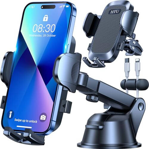 [True Military-Grade] Car Phone Holder【2024 Stronger Suction & Clip】 Universal Cell Phone Holder for Car Mount for Dashboard Windshield Air Vent Long Arm Cell Phone Car Mount Thick Case, Black - 2