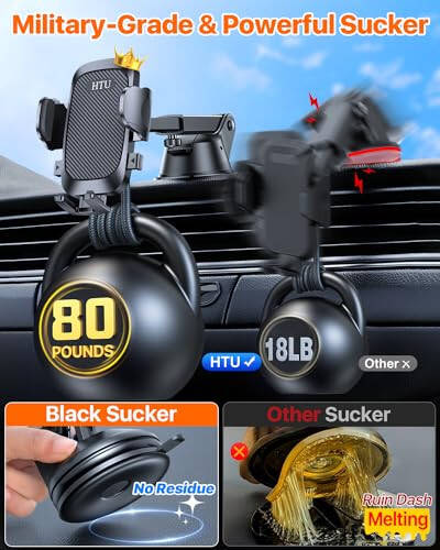 [True Military-Grade] Car Phone Holder【2024 Stronger Suction & Clip】 Universal Cell Phone Holder for Car Mount for Dashboard Windshield Air Vent Long Arm Cell Phone Car Mount Thick Case, Black - 3