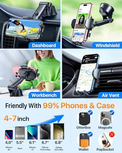 [True Military-Grade] Car Phone Holder【2024 Stronger Suction & Clip】 Universal Cell Phone Holder for Car Mount for Dashboard Windshield Air Vent Long Arm Cell Phone Car Mount Thick Case, Black - 8