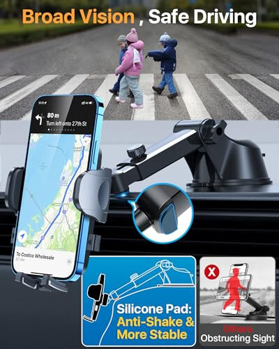 [True Military-Grade] Car Phone Holder【2024 Stronger Suction & Clip】 Universal Cell Phone Holder for Car Mount for Dashboard Windshield Air Vent Long Arm Cell Phone Car Mount Thick Case, Black - 14