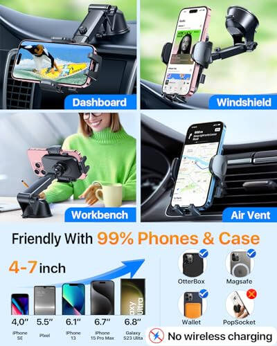 [True Military-Grade] Car Phone Holder【2024 Stronger Suction & Clip】 Universal Cell Phone Holder for Car Mount for Dashboard Windshield Air Vent Long Arm Cell Phone Car Mount Thick Case, Black - 16