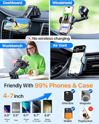 [True Military-Grade] Car Phone Holder【2024 Stronger Suction & Clip】 Universal Cell Phone Holder for Car Mount for Dashboard Windshield Air Vent Long Arm Cell Phone Car Mount Thick Case, Black - 13