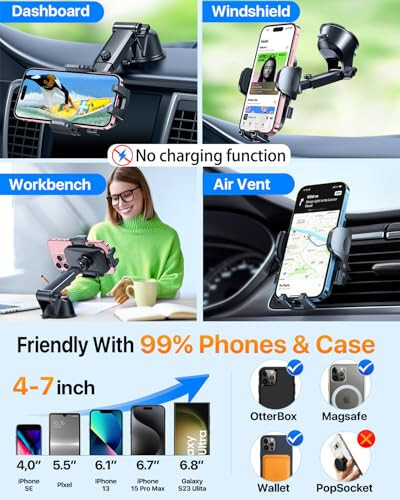 [True Military-Grade] Car Phone Holder【2024 Stronger Suction & Clip】 Universal Cell Phone Holder for Car Mount for Dashboard Windshield Air Vent Long Arm Cell Phone Car Mount Thick Case, Black - 12