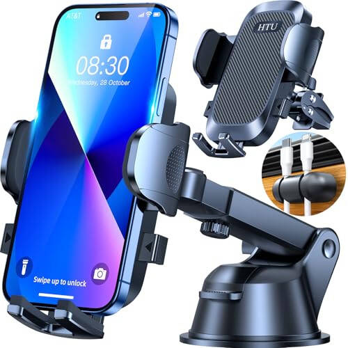 [True Military-Grade] Car Phone Holder【2024 Stronger Suction & Clip】 Universal Cell Phone Holder for Car Mount for Dashboard Windshield Air Vent Long Arm Cell Phone Car Mount Thick Case, Black - 7