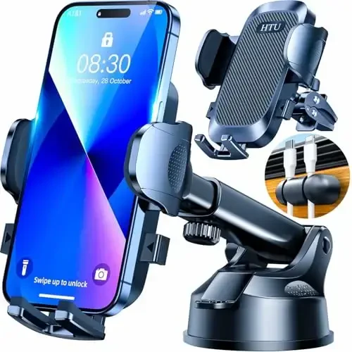 [True Military-Grade] Car Phone Holder【2024 Stronger Suction & Clip】 Universal Cell Phone Holder for Car Mount for Dashboard Windshield Air Vent Long Arm Cell Phone Car Mount Thick Case, Black - HTU