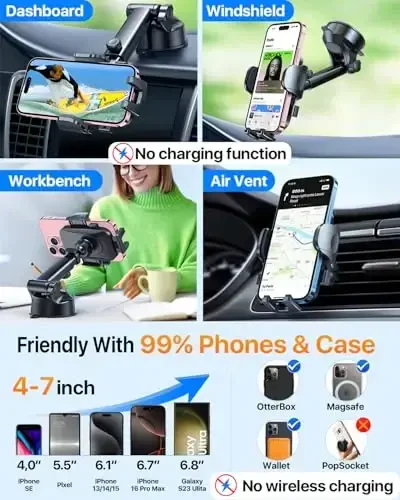 [True Military-Grade] Car Phone Holder【2024 Stronger Suction & Clip】 Universal Cell Phone Holder for Car Mount for Dashboard Windshield Air Vent Long Arm Cell Phone Car Mount Thick Case, Black - 5