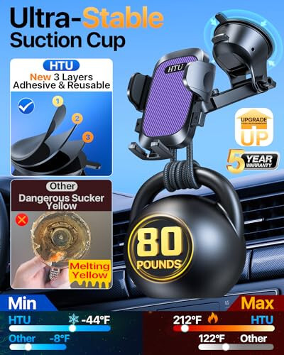 [True Military-Grade] Car Phone Holder【2024 Stronger Suction & Clip】 Universal Cell Phone Holder for Car Mount for Dashboard Windshield Air Vent Long Arm Cell Phone Car Mount Thick Case,Purple - 2