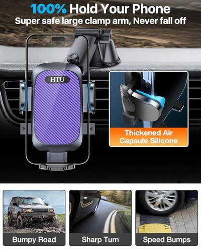 [True Military-Grade] Car Phone Holder【2024 Stronger Suction & Clip】 Universal Cell Phone Holder for Car Mount for Dashboard Windshield Air Vent Long Arm Cell Phone Car Mount Thick Case,Purple - 4