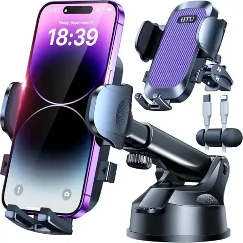 [True Military-Grade] Car Phone Holder【2024 Stronger Suction & Clip】 Universal Cell Phone Holder for Car Mount for Dashboard Windshield Air Vent Long Arm Cell Phone Car Mount Thick Case,Purple - 2
