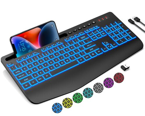 Trueque Wireless Keyboard with 7 Colored Backlits, Wrist Rest, Phone Holder, Rechargeable Ergonomic Keyboard with Silent Light Up Keys, Cordless Computer Keyboard for Windows, Mac, Laptop - Trueque