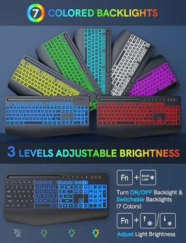 Trueque Wireless Keyboard with 7 Colored Backlits, Wrist Rest, Phone Holder, Rechargeable Ergonomic Keyboard with Silent Light Up Keys, Cordless Computer Keyboard for Windows, Mac, Laptop - Trueque (1)