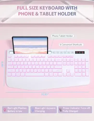 Trueque simsiz klaviatura, 7 rangli orqa yoritgichli, telefon ushlagich, bilak suyanchi, qayta zaryadlanuvchi ergonomik klaviatura, jim yorituvchi tugmachali, Windows, Mac, noutbuk uchun simsiz kompyuter klaviaturasi - (oq) - 4