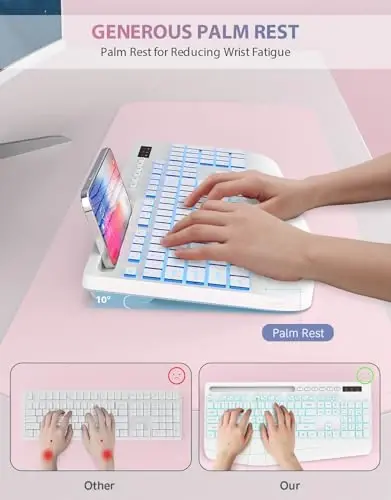 Trueque simsiz klaviatura, 7 rangli orqa yoritgichli, telefon ushlagich, bilak suyanchi, qayta zaryadlanuvchi ergonomik klaviatura, jim yorituvchi tugmachali, Windows, Mac, noutbuk uchun simsiz kompyuter klaviaturasi - (oq) - TRUEQUE (1)