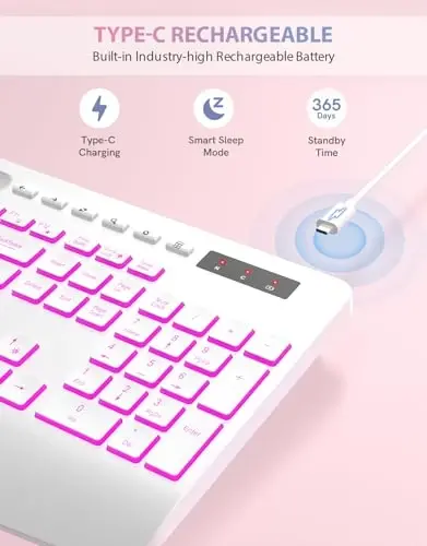 Trueque simsiz klaviatura, 7 rangli orqa yoritgichli, telefon ushlagich, bilak suyanchi, qayta zaryadlanuvchi ergonomik klaviatura, jim yorituvchi tugmachali, Windows, Mac, noutbuk uchun simsiz kompyuter klaviaturasi - (oq) - 3