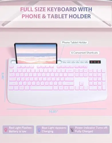 Trueque simsiz klaviatura, 7 rangli orqa yoritgichli, telefon ushlagich, bilak suyanchi, qayta zaryadlanuvchi ergonomik klaviatura, jim yorituvchi tugmachali, Windows, Mac, noutbuk uchun simsiz kompyuter klaviaturasi - (oq) - 4