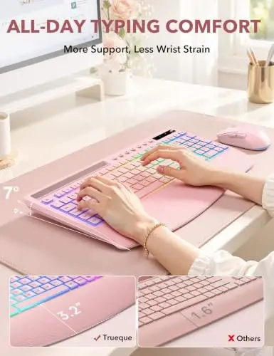 Trueque Wireless Keyboard and Mouse Combo, 4000mAh Battery, Wrist Rest | Rechargeable, 15 Backlit Effects, Full Size, Phone Holder, Quiet Typing, 2.4GHz Wireless, USB-A & C Connectivity for Windows - 3