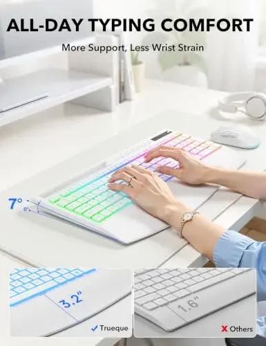 Trueque Wireless Keyboard and Mouse Combo, 4000mAh Battery, Wrist Rest | Rechargeable, 15 Backlit Effects, Full Size, Phone Holder, Quiet Typing, 2.4GHz Wireless, USB-A & C Connectivity for Windows - 3