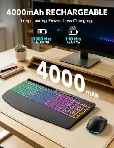 Trueque Wireless Keyboard and Mouse Combo, 4000mAh Battery, Wrist Rest | Rechargeable, 15 Backlit Effects, Full Size, Phone Holder, Quiet Typing, 2.4GHz Wireless, USB-A & C Connectivity for Windows - Trueque (1)