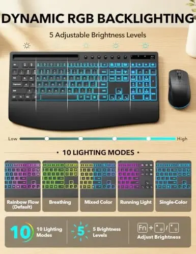 Trueque Wireless Keyboard and Mouse Combo, 4000mAh Battery, Wrist Rest | Rechargeable, 15 Backlit Effects, Full Size, Phone Holder, Quiet Typing, 2.4GHz Wireless, USB-A & C Connectivity for Windows - 3