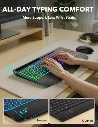 Trueque Wireless Keyboard and Mouse Combo, 4000mAh Battery, Wrist Rest | Rechargeable, 15 Backlit Effects, Full Size, Phone Holder, Quiet Typing, 2.4GHz Wireless, USB-A & C Connectivity for Windows - 4