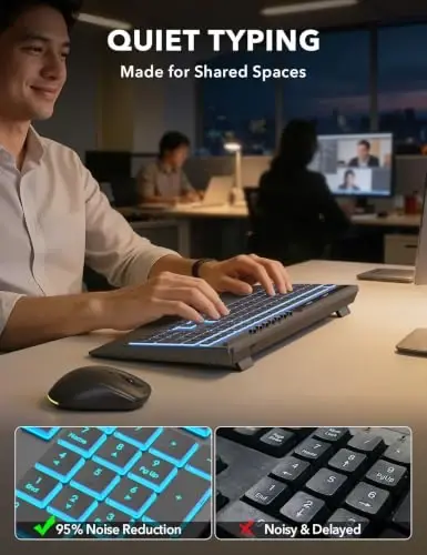 Trueque Wireless Keyboard and Mouse Combo, 4000mAh Battery, Wrist Rest | Rechargeable, 15 Backlit Effects, Full Size, Phone Holder, Quiet Typing, 2.4GHz Wireless, USB-A & C Connectivity for Windows - 5