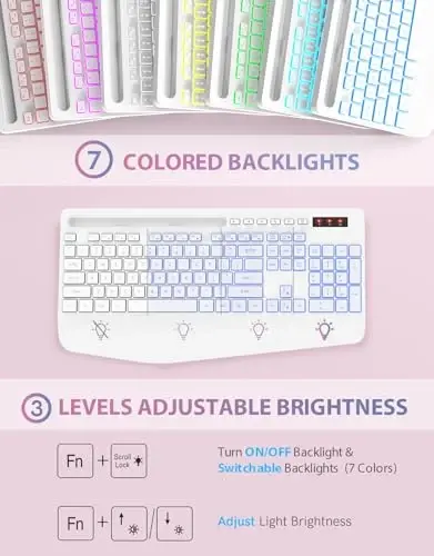 Trueque Wireless Keyboard with 7 Colored Backlits, Phone Holder, Wrist Rest, Rechargeable Ergonomic Keyboard with Silent Light Up Keys, Cordless Computer Keyboard for Windows, Mac, Laptop - (White) 