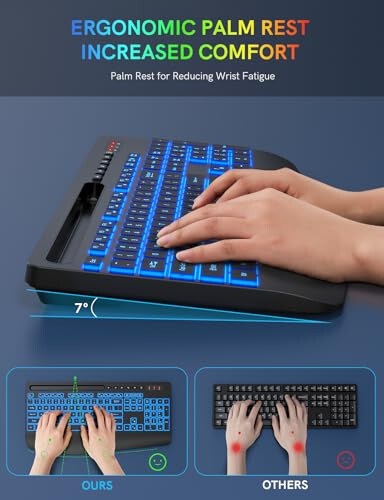 Trueque Wireless Keyboard with 7 Colored Backlits, Wrist Rest, Phone Holder, Rechargeable Ergonomic Keyboard with Silent Light Up Keys, Cordless Computer Keyboard for Windows, Mac, Laptop - 3