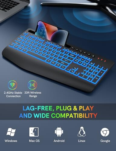 Trueque Wireless Keyboard with 7 Colored Backlits, Wrist Rest, Phone Holder, Rechargeable Ergonomic Keyboard with Silent Light Up Keys, Cordless Computer Keyboard for Windows, Mac, Laptop - 5