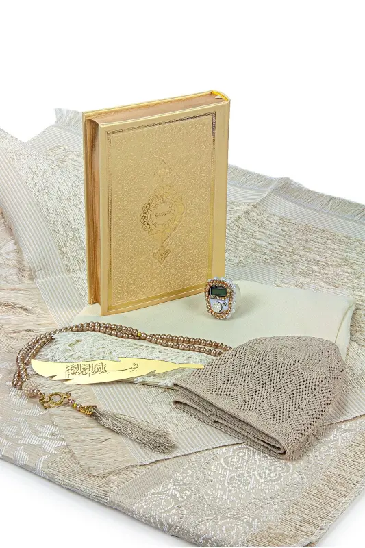 Trunk Dowry Prayer Rug Set, Shawl Suitable for Bride and Groom Trousseau Holy Quran Set (Cream) - 7