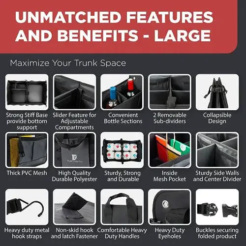 TRUNKCRATEPRO Trunk Organizer For Car, Suv, Truck | Premium Adjustable Multi Compartments Collapsible Car Trunk Organizer With Securing Straps & Non-Slip Bottom (Large Size, Grey) - 3