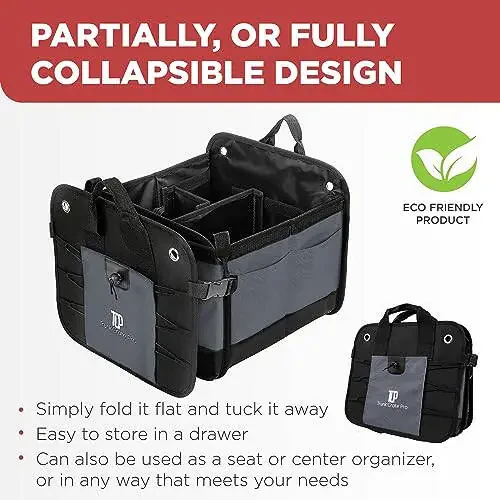 TRUNKCRATEPRO Trunk Organizer For Car, Suv, Truck | Premium Adjustable Multi Compartments Collapsible Car Trunk Organizer With Securing Straps & Non-Slip Bottom (Large Size, Grey) - 5