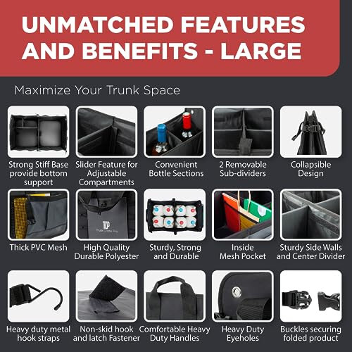 TRUNKCRATEPRO Trunk Organizer For Car, Suv, Truck | Premium Adjustable Multi Compartments Collapsible Car Trunk Organizer With Securing Straps & Non-Slip Bottom (Large Size, Grey) - 3