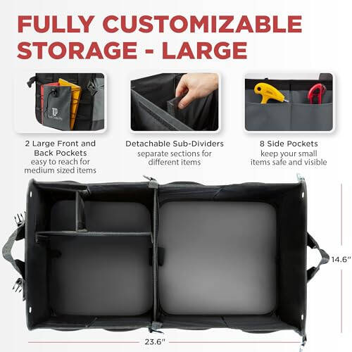 TRUNKCRATEPRO Trunk Organizer For Car, Suv, Truck | Premium Adjustable Multi Compartments Collapsible Car Trunk Organizer With Securing Straps & Non-Slip Bottom (Large Size, Grey) - 2