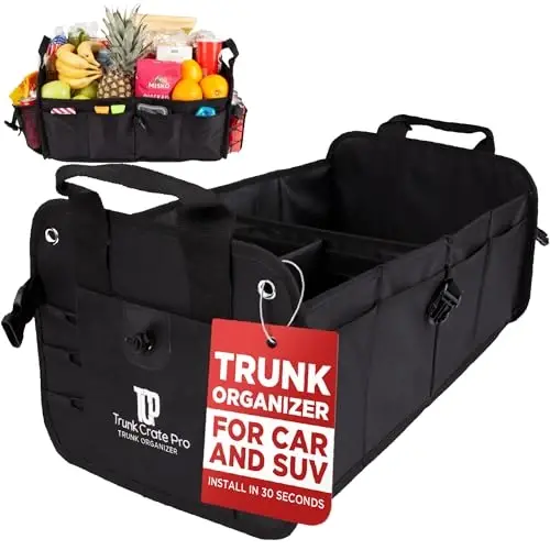 Car & Vehicle Trunk Organizer for SUV, Truck & Auto Storage, Standard Black | Fits Cars, SUVs & Trucks3 Adjustable Compartments Non-Slip Base & Straps Collapsible Heavy-Duty Storage Car Accessories 